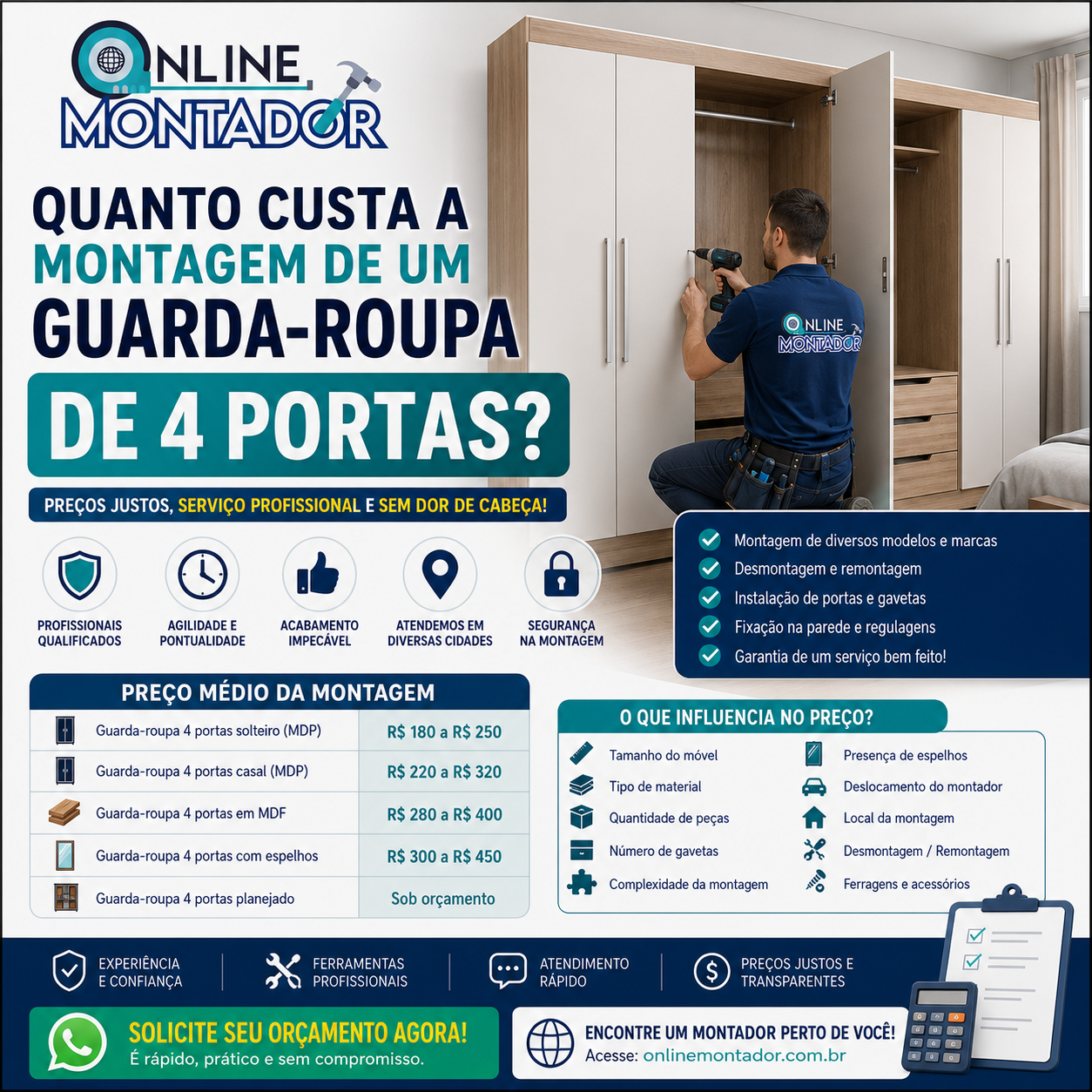 Quanto custa a montagem de um guarda-roupa de 4 portas ?